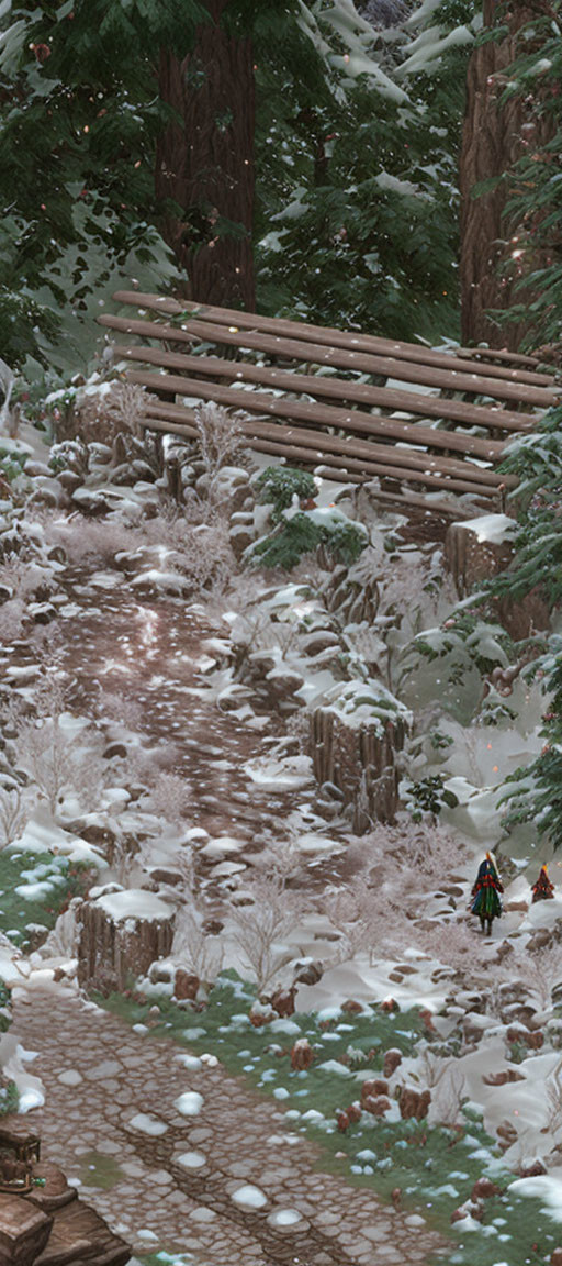 Snowy forest trail with figure and wooden fences