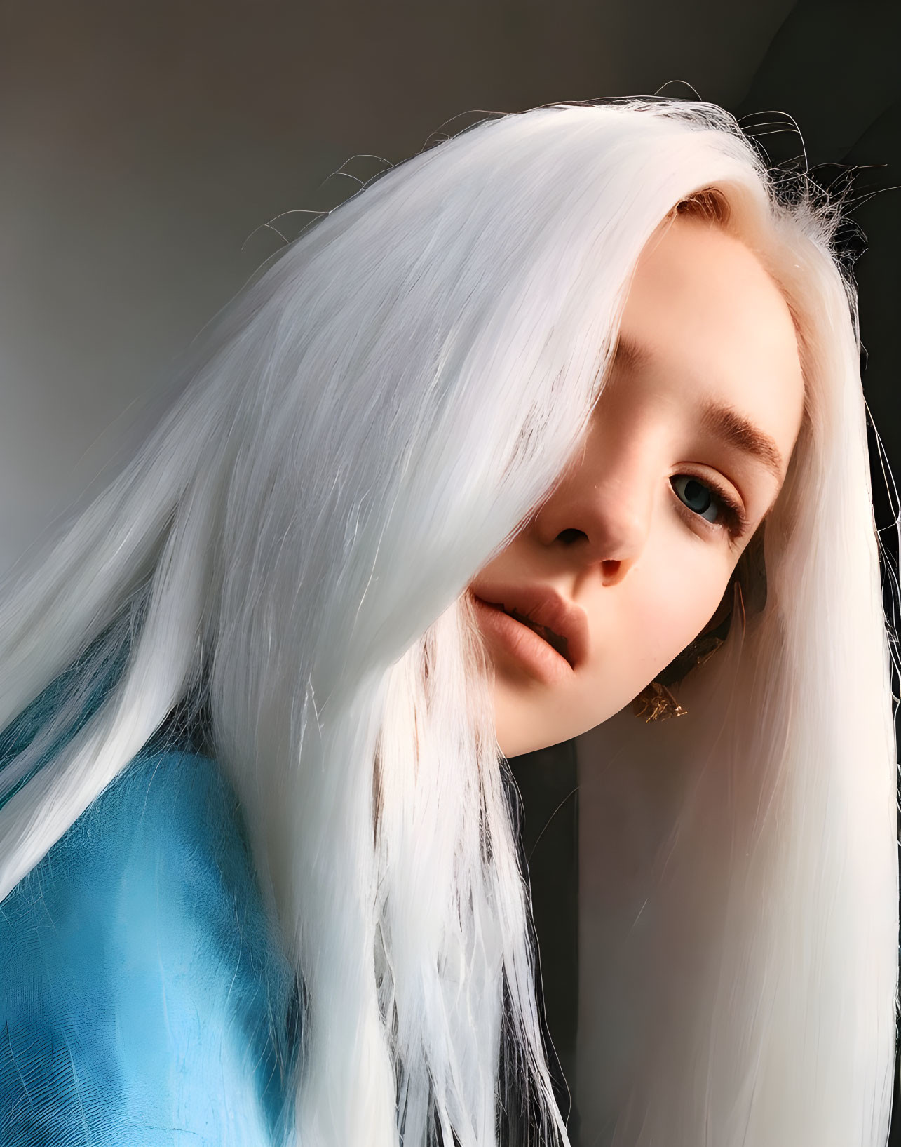 Long White Hair, Blue Eyes, Blue Top, Gold Earring Portrait