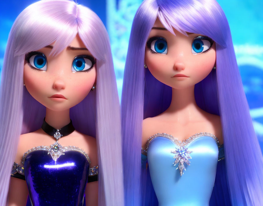 Two long purple-haired animated characters in glamorous dresses on blue crystal backdrop