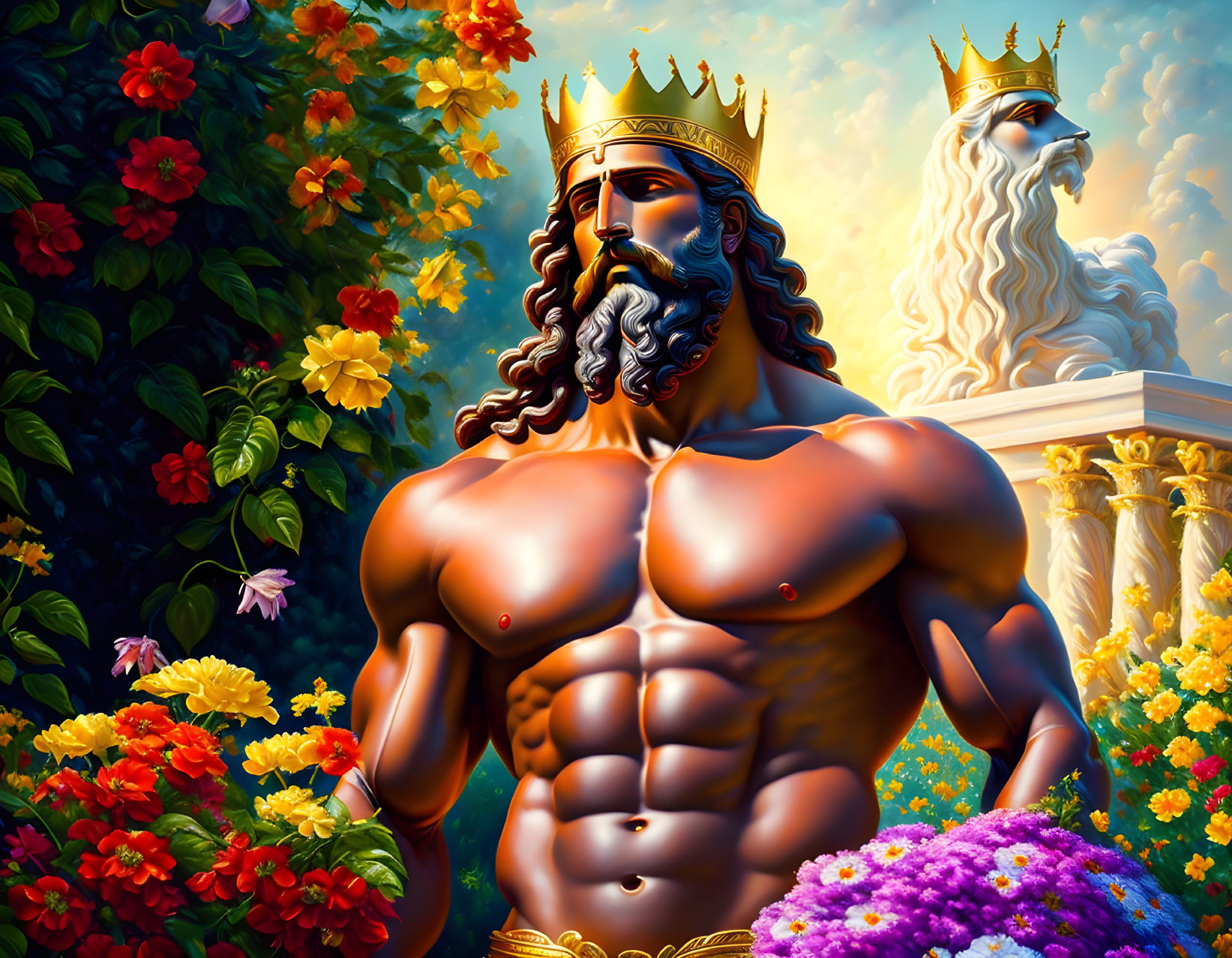 Muscular king with crown, flowers, and horse statue.