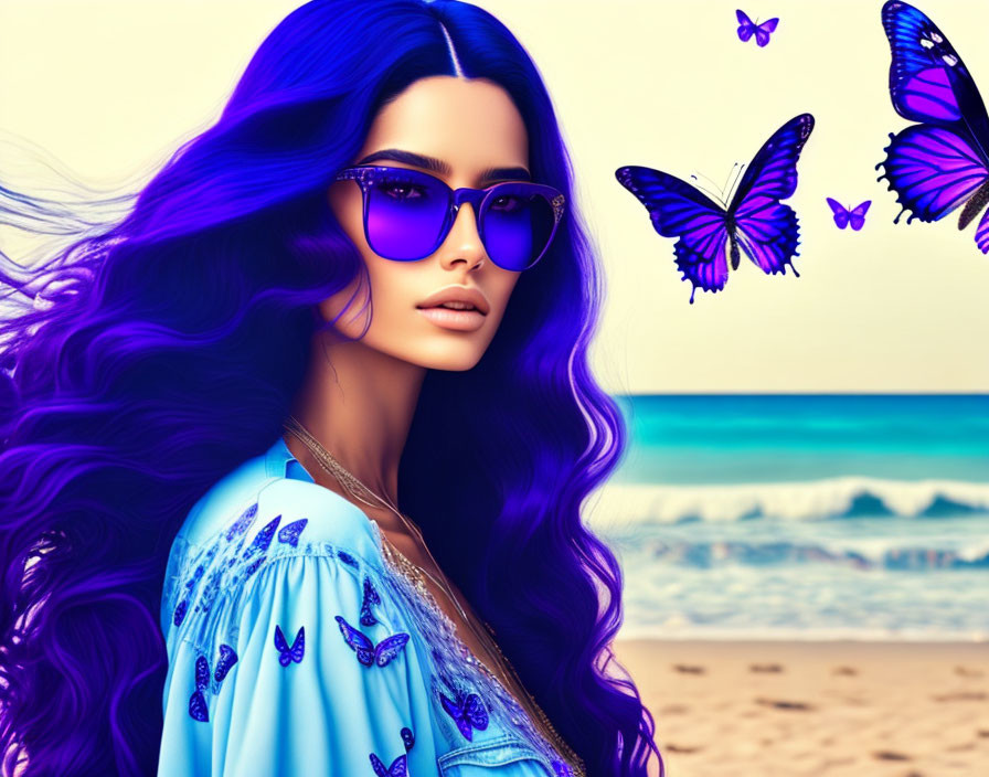 Digital Artwork: Woman with Blue Wavy Hair, Sunglasses, Purple Butterflies, Beach Back