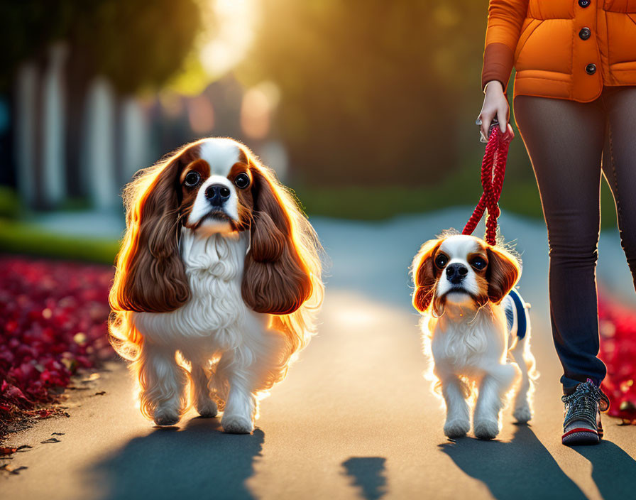 Two Cavalier King Charles Spaniels on leash walking with owner on sunny street lined with trees and