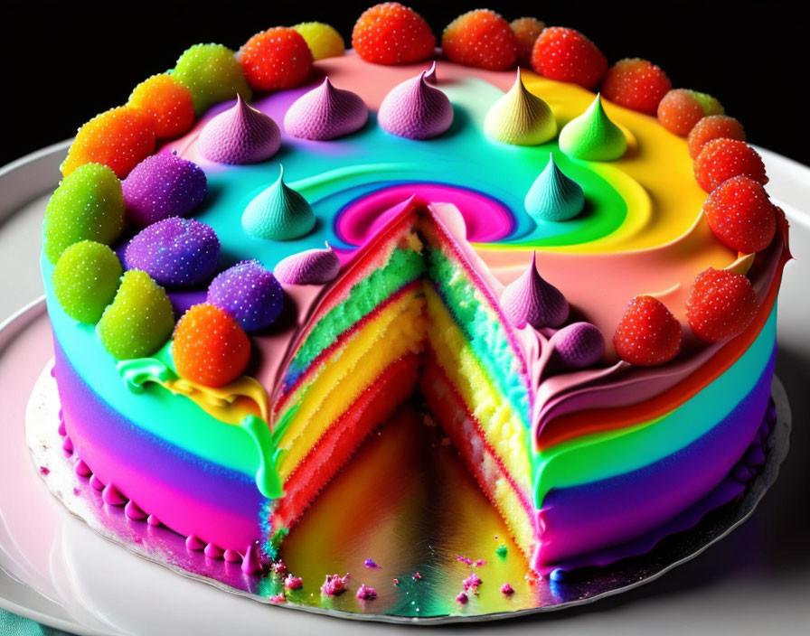 Colorful Rainbow-Layered Cake with Slice Removed and Fruit Decorations