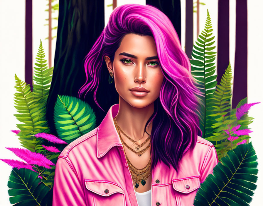 Vibrant pink hair and green eyes in pink jacket against tropical foliage