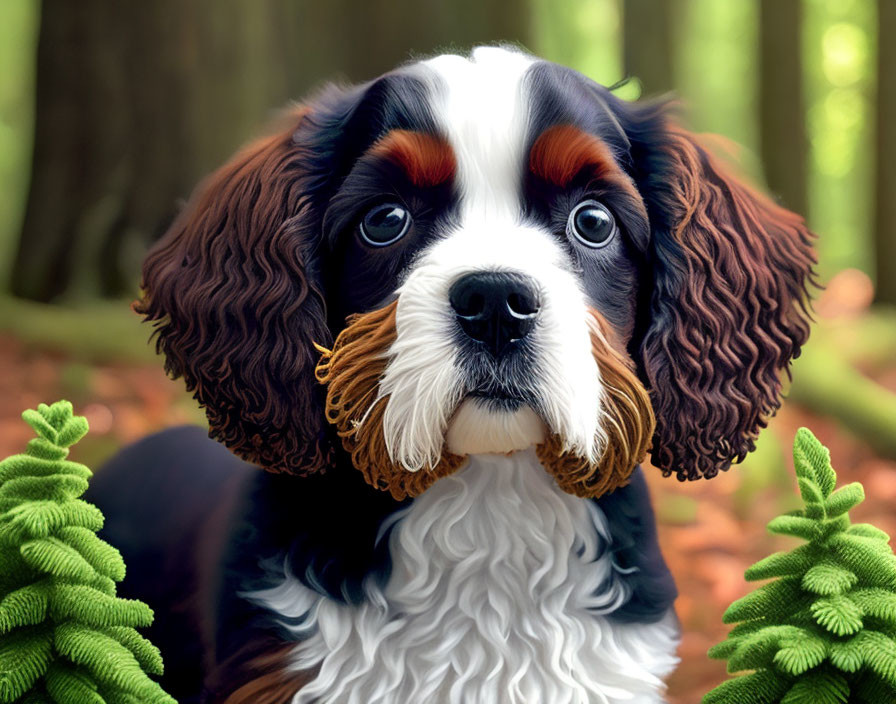 Tricolored Cavalier King Charles Spaniel in forest setting