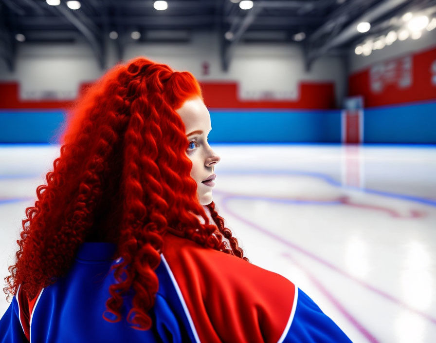 Vibrant red-haired woman in blue sportswear at indoor sports hall