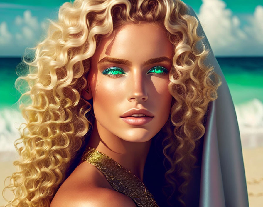 Vibrant digital artwork: Woman with curly blonde hair on beach backdrop