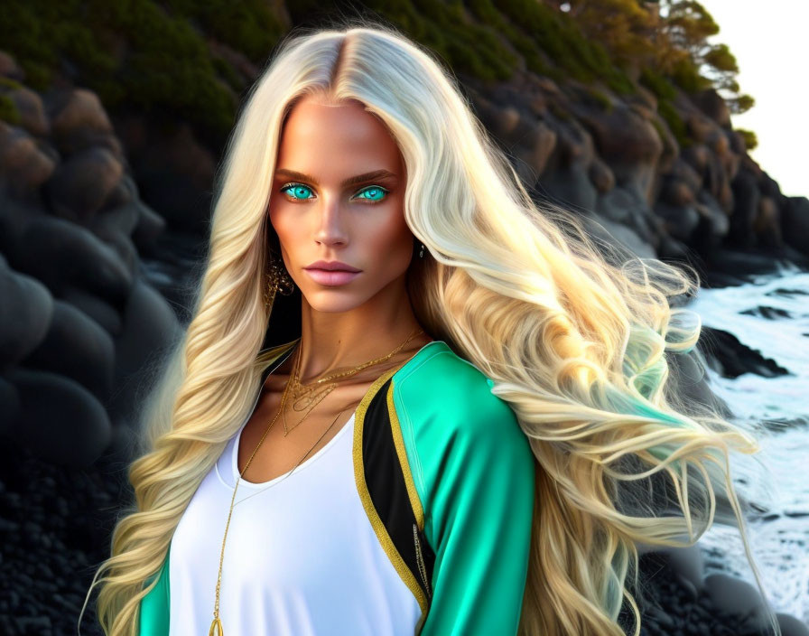 Portrait of woman with turquoise eyes, blonde hair, in white and green outfit on rocky beach