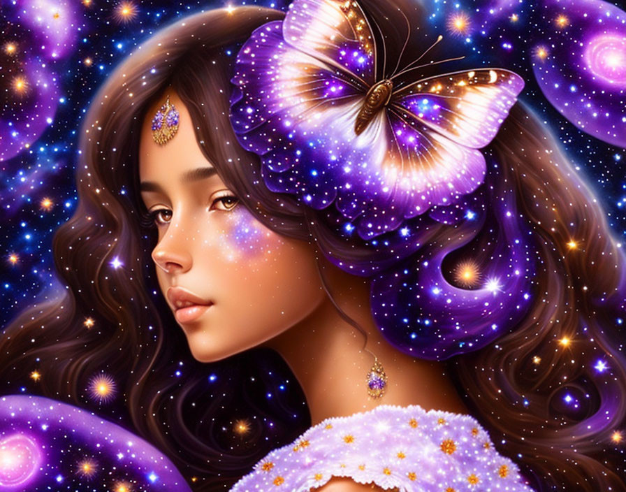 Cosmic-themed portrait of a woman with butterfly and stars