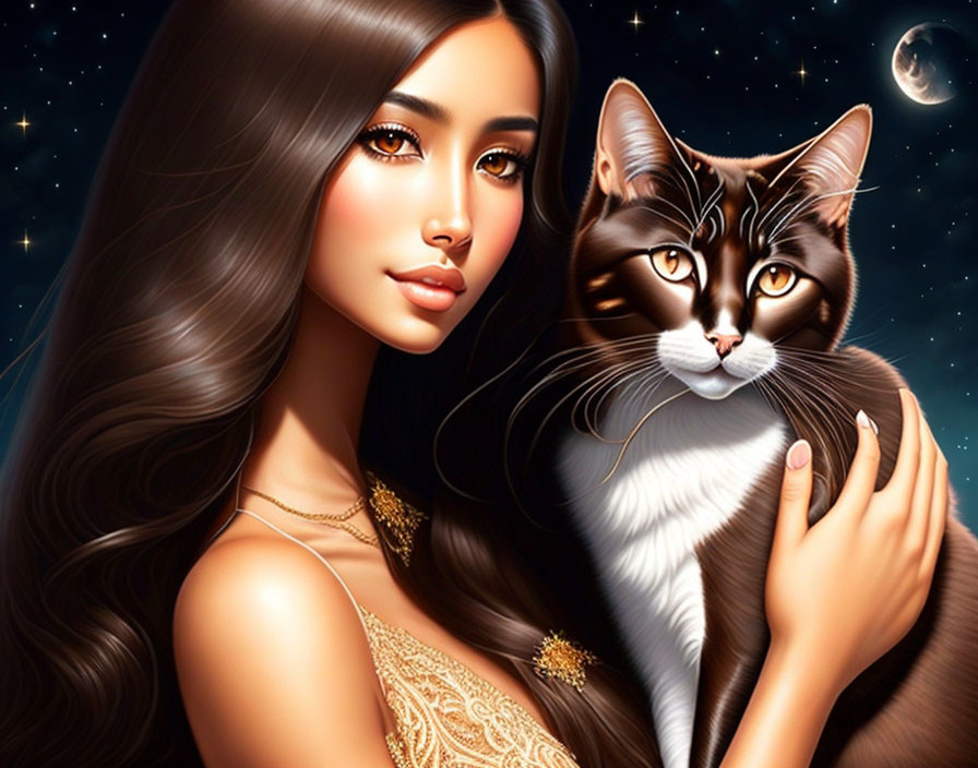 Illustrated portrait of woman with cat under night sky