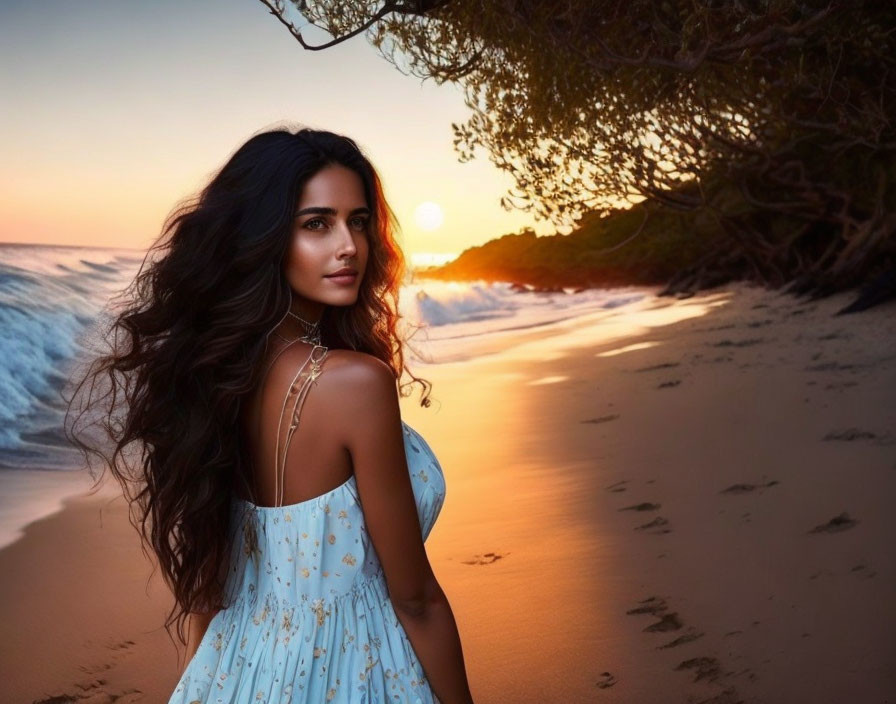 Woman in Light Blue Dress on Beach at Sunset with Waves and Trees