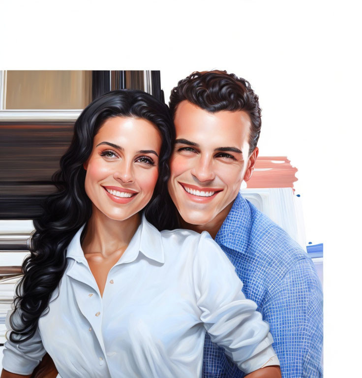 Couple embracing with bright smiles, woman in blue shirt, man in checkered shirt