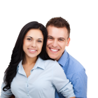 Couple embracing with bright smiles, woman in blue shirt, man in checkered shirt