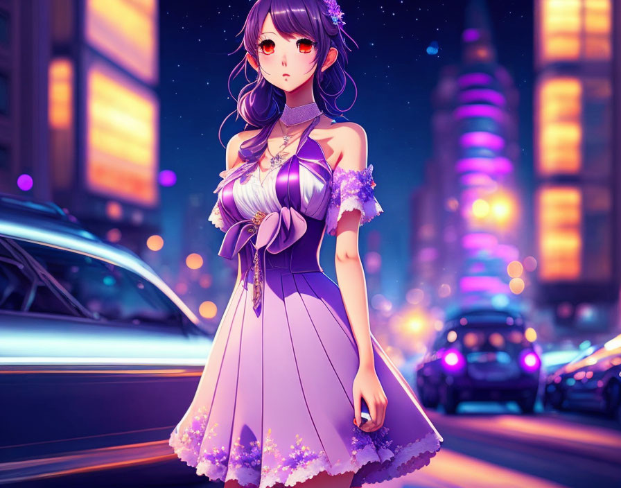 Anime-style girl with long purple hair in white and purple dress on city street at dusk with neon lights