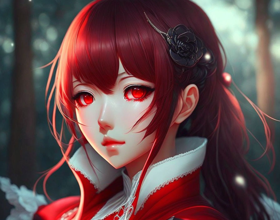 Illustrated female character with red eyes and dark hair in red and white outfit.