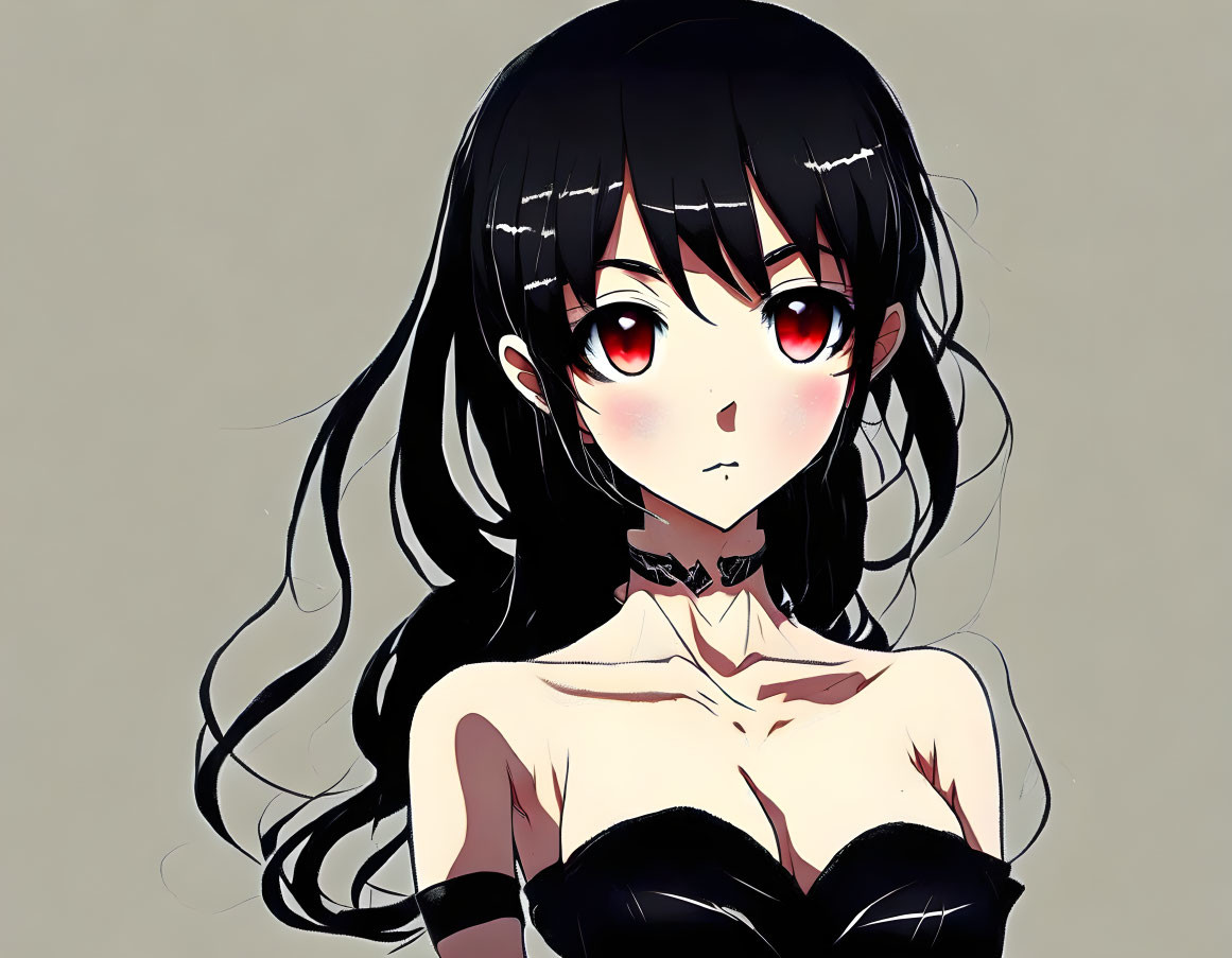 Long Black-Haired Anime Girl in Black Strapless Top and Choker