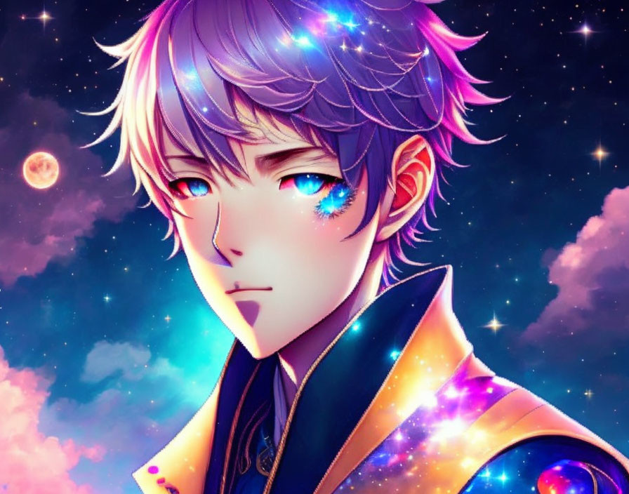 Purple-haired animated character with starry eyes in cosmic setting