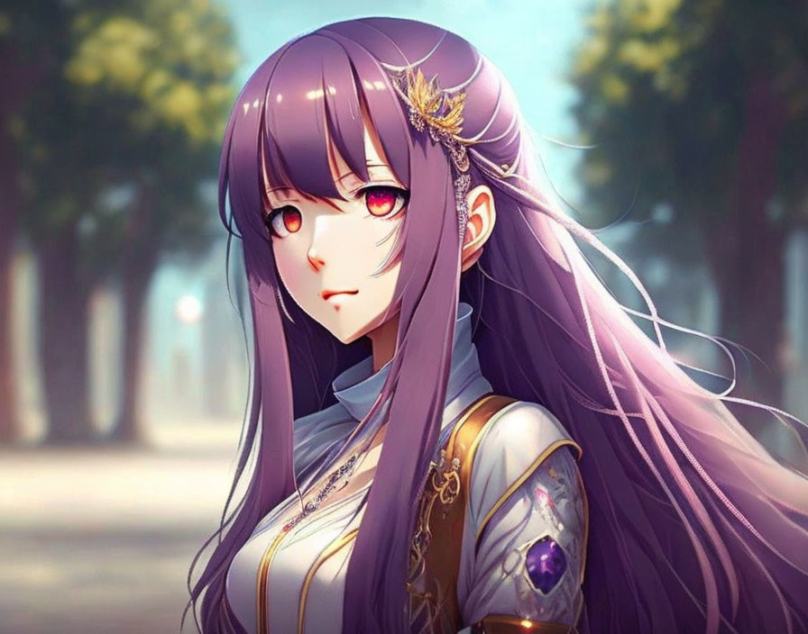 Animated character with long purple hair and red eyes in medieval-style dress.