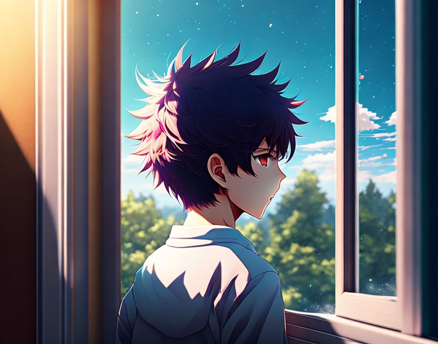 Young person with spiky dark hair looking out of open window with sunlight and green trees.