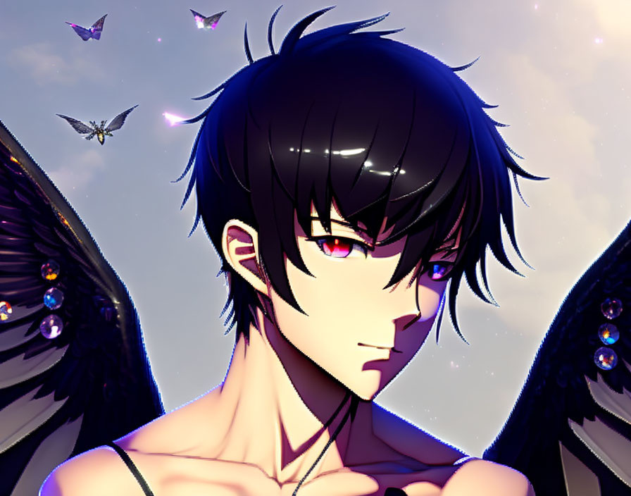 Character with Black Hair, Pink Eyes, Dark Wings, and Butterflies in Twilight Sky