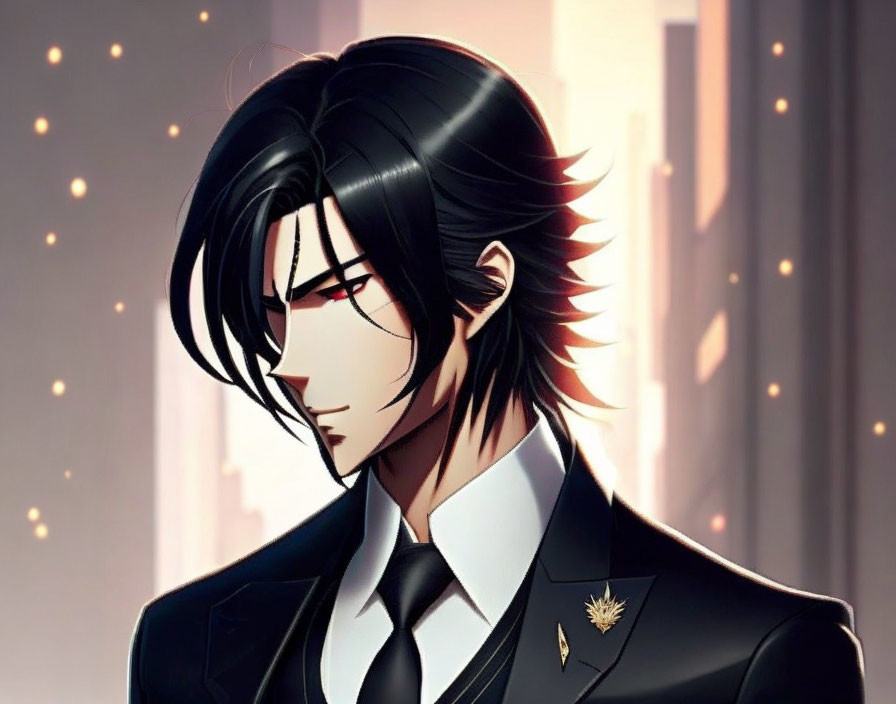 Anime-style male character with black hair and red eyes in black suit with golden pin, set against glowing