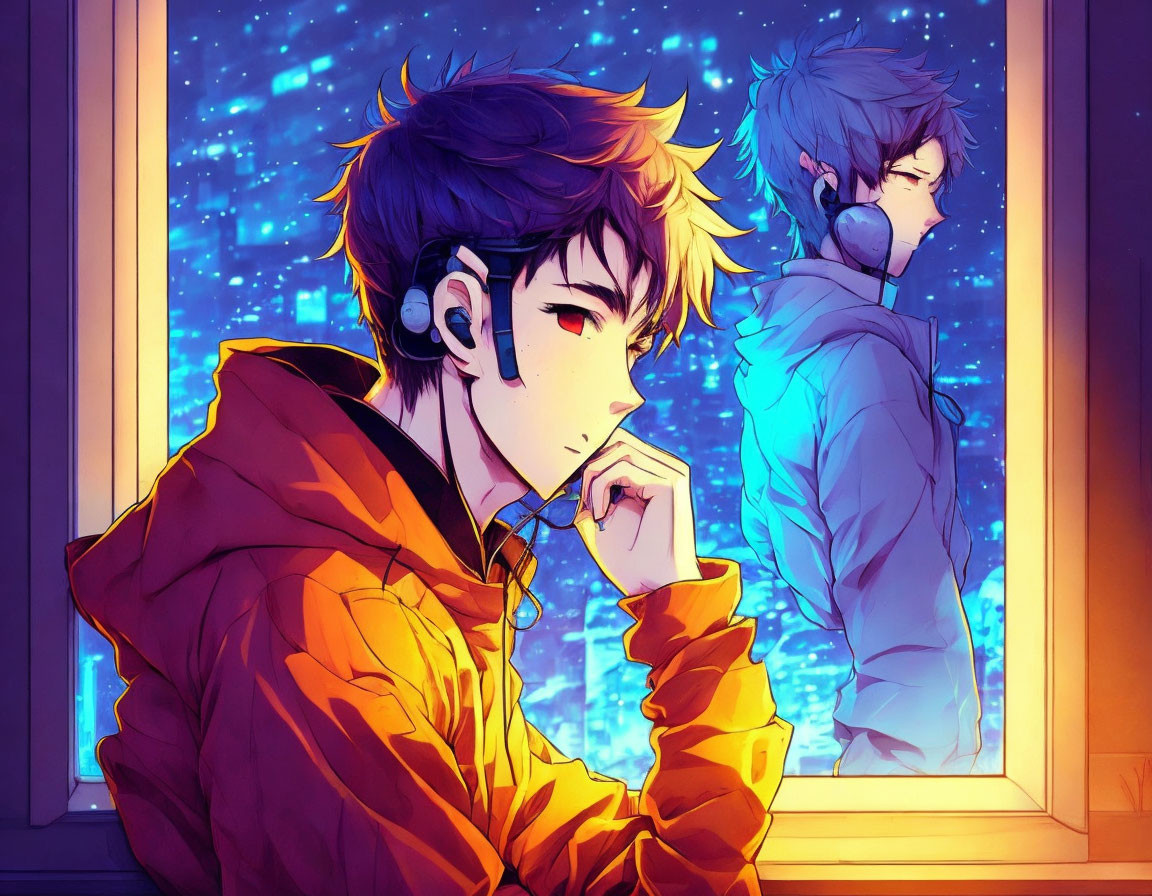 Two male anime-style characters at night: one in orange hoodie facing forward, the other in blue jacket