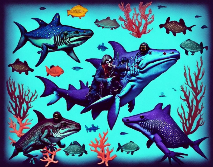 Colorful Sharks and Fish in Underwater Coral Scene