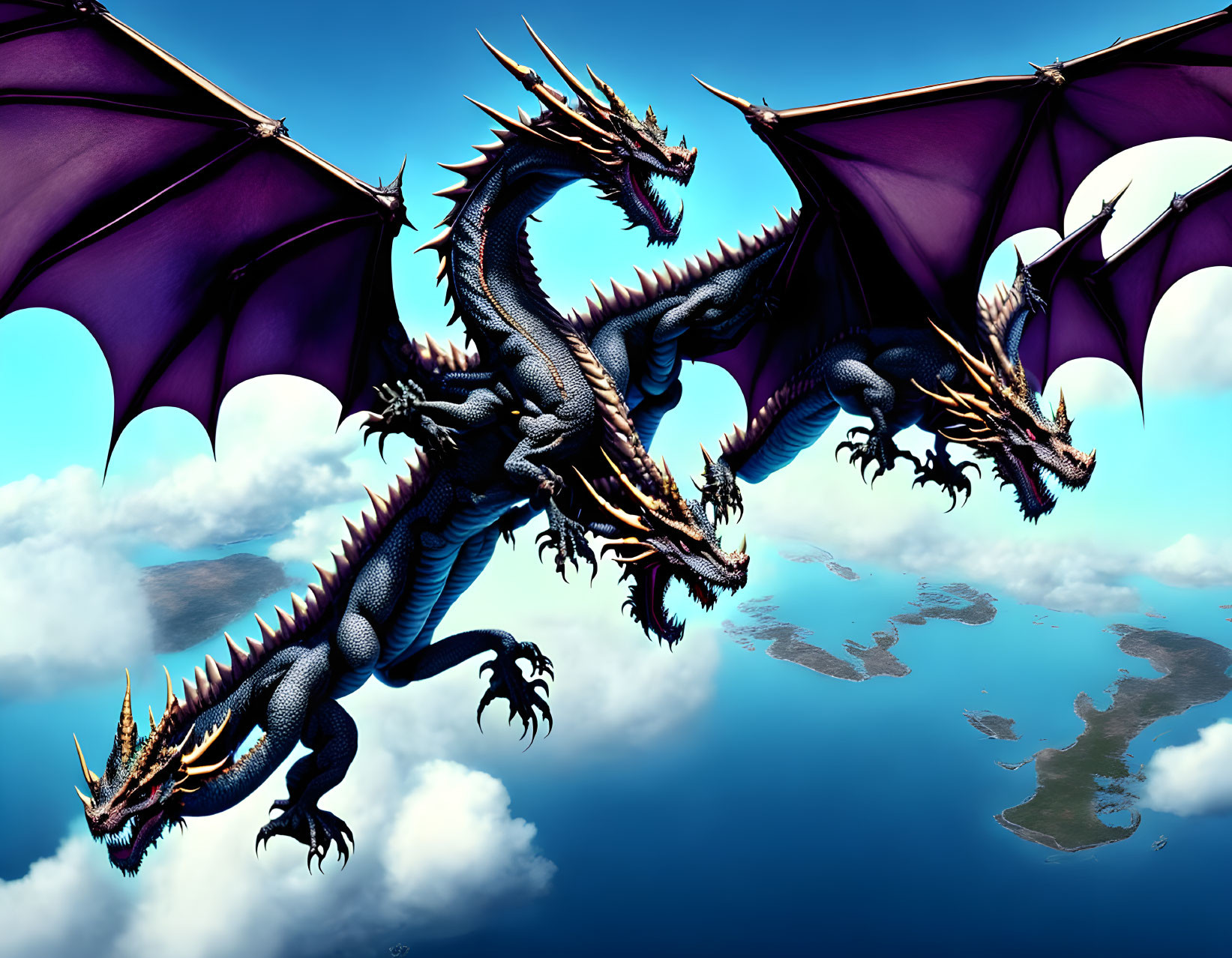 Purple-winged three-headed dragon flying above clouds with coastline below