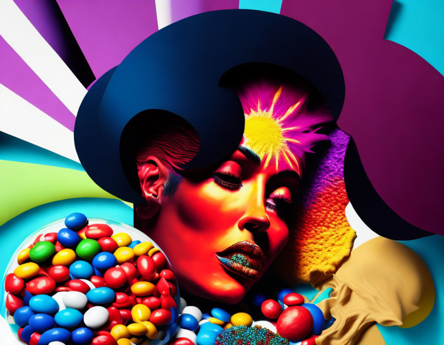 Colorful portrait of person with vibrant makeup and stylish hat against candy-themed backdrop