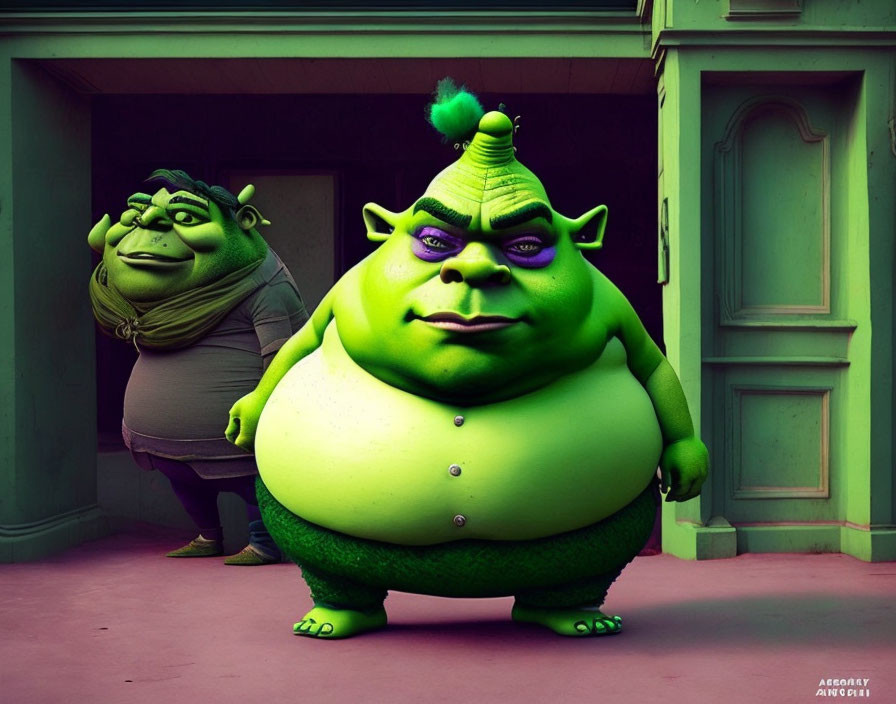 Animated ogre characters resembling Shrek against pink building background