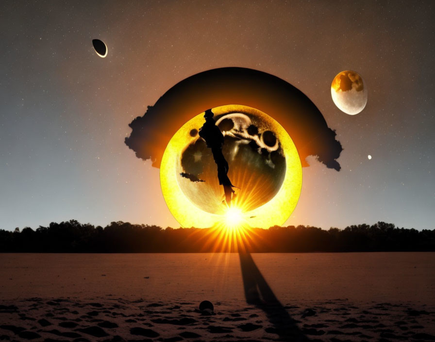 Surreal cosmic scene with glowing celestial body eclipsing sun and jumping person against starry sky.