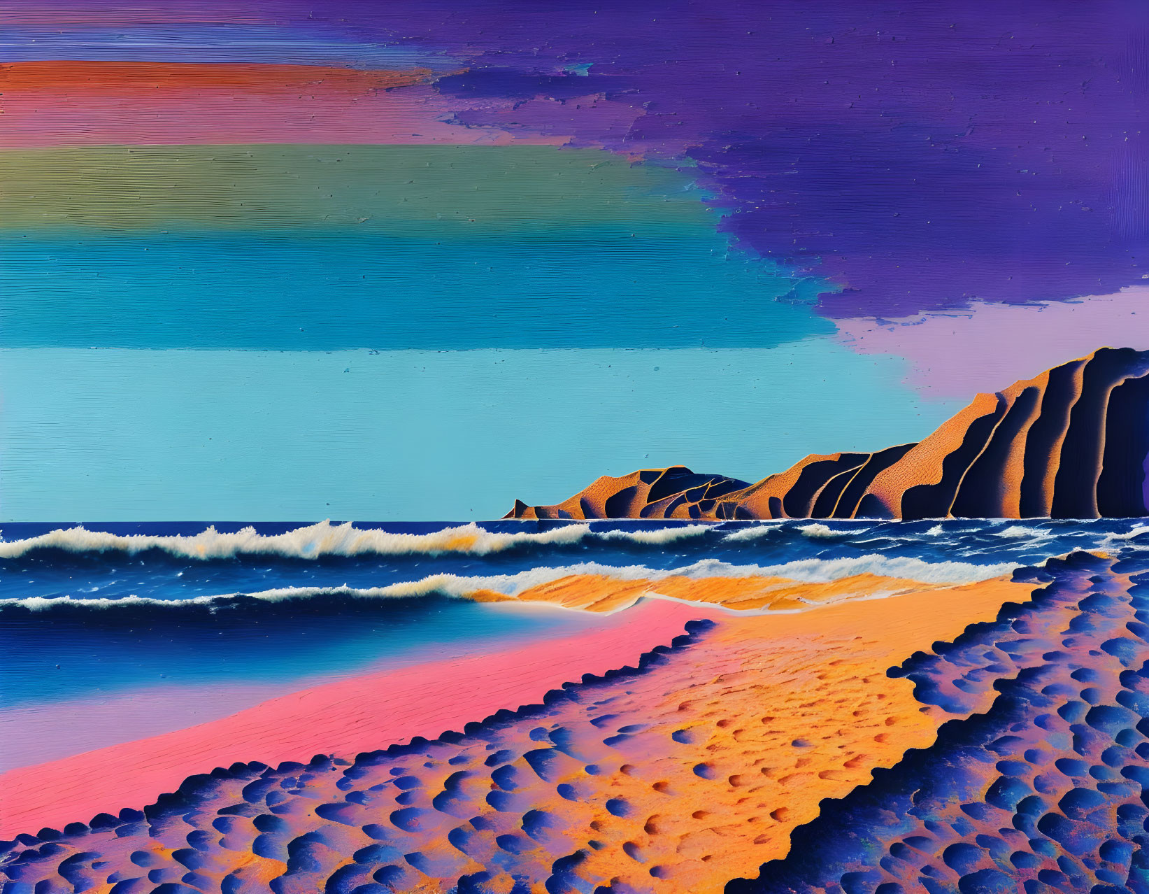 Colorful cliffs and gradient sky in surreal beachscape