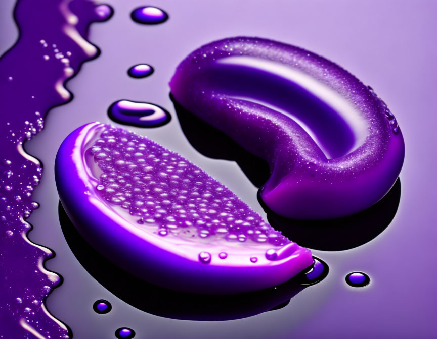 Shiny purple liquid bean with droplets on smooth surface