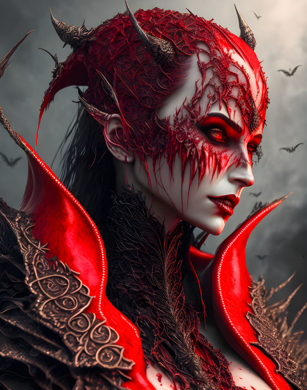 Fantasy-themed portrait: Person with red and black demonic makeup, horns, ornate armor against cloudy