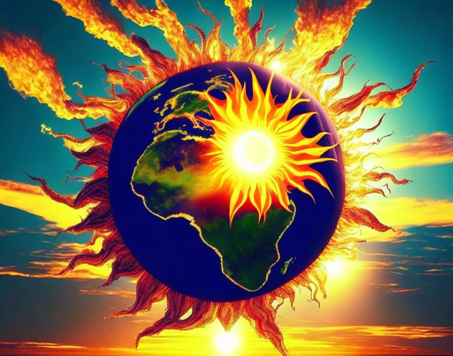 Colorful Earth artwork with fiery sun and solar flares in blue sky