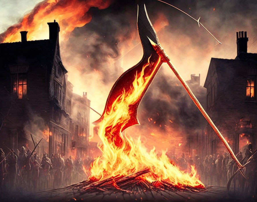 Burning flag struck by fiery arrow in chaotic historical town.