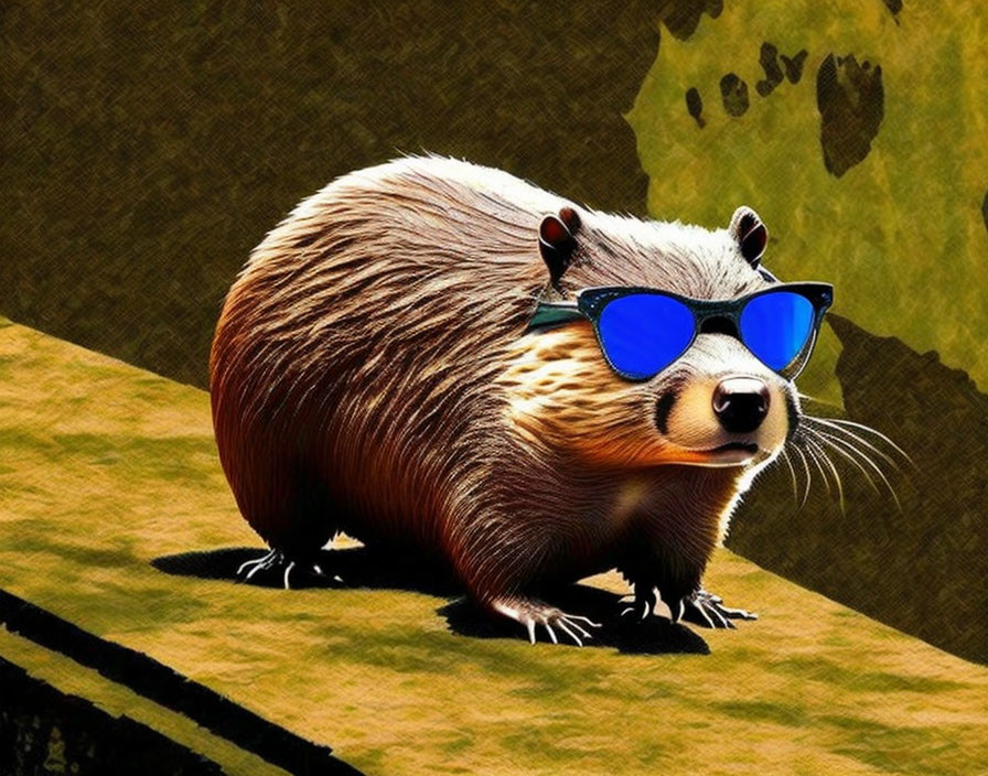 Digitally altered image: Badger in blue sunglasses on abstract yellow-black background