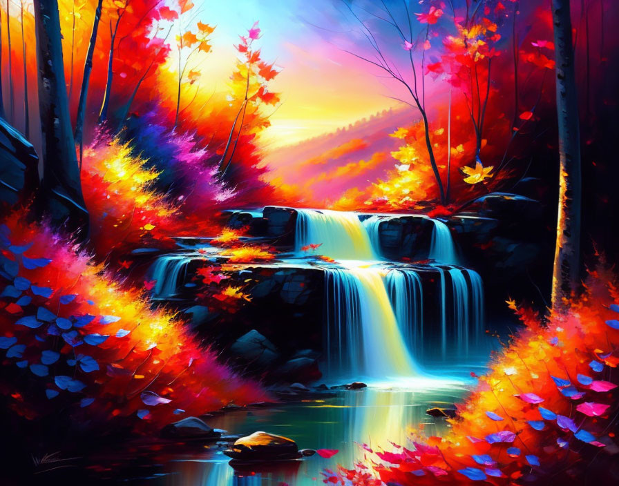 Scenic waterfall painting with autumn trees and sunset