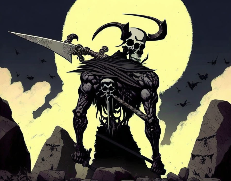 Skeletal warrior with sword under full moon and bats in dark fantasy scene