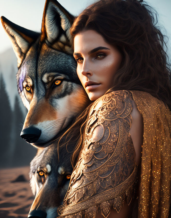 Composite Image: Woman with Makeup and Body Art Blended with Two Wolves