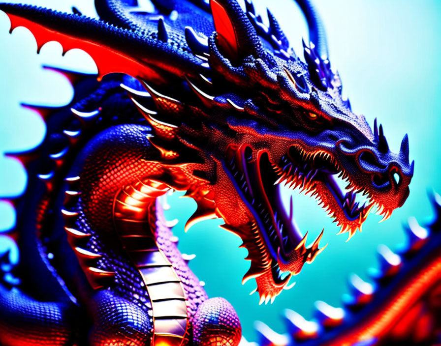 Detailed digital art of fierce blue dragon with red underbelly.