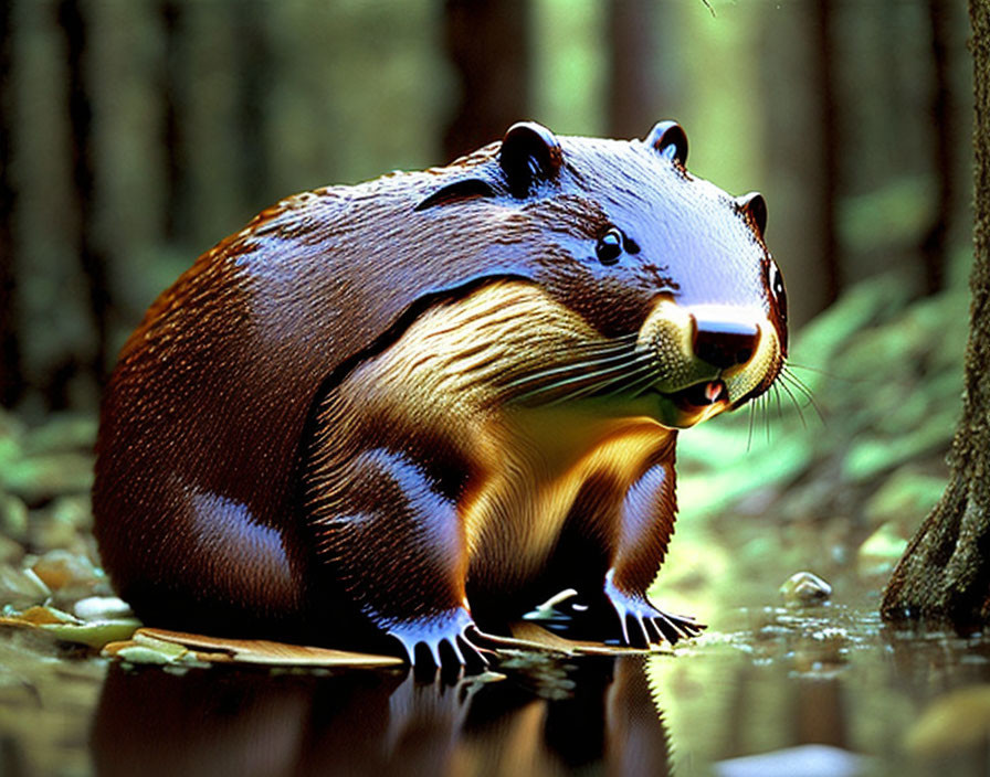 Beaver by water in forest setting with glistening fur