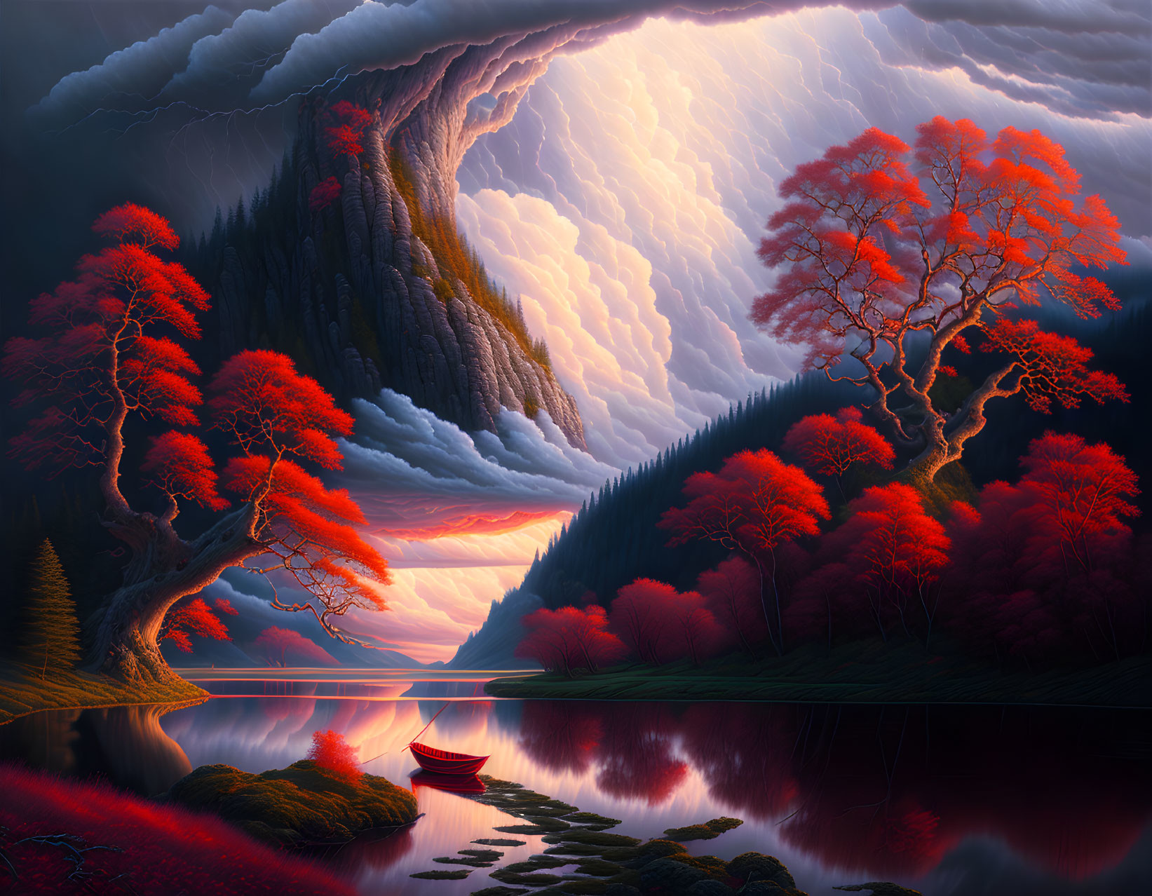 Serene lake with boat, fiery trees, cliffs, swirling sky