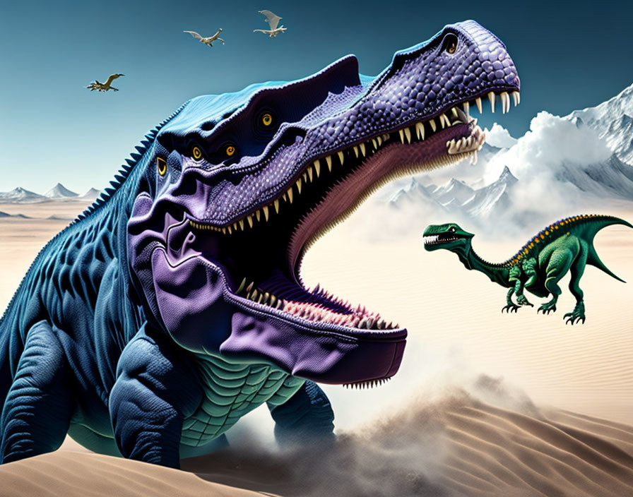 Colorful digital artwork of layered, mechanical Tyrannosaurus rex in blue and purple with smaller green