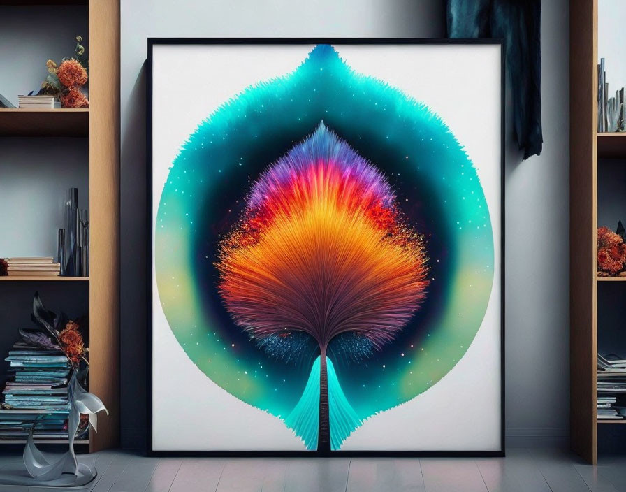 Colorful Abstract Artwork of Leaf or Tree in Neon Gradient Displayed on Wall