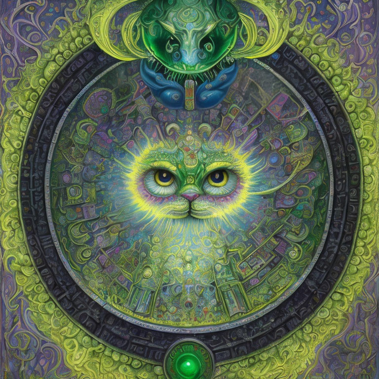 Vibrant psychedelic artwork of green-eyed cat face with circular patterns.