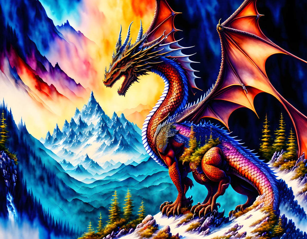 Colorful dragon with wings and horns in front of mountainous landscape under fiery sky