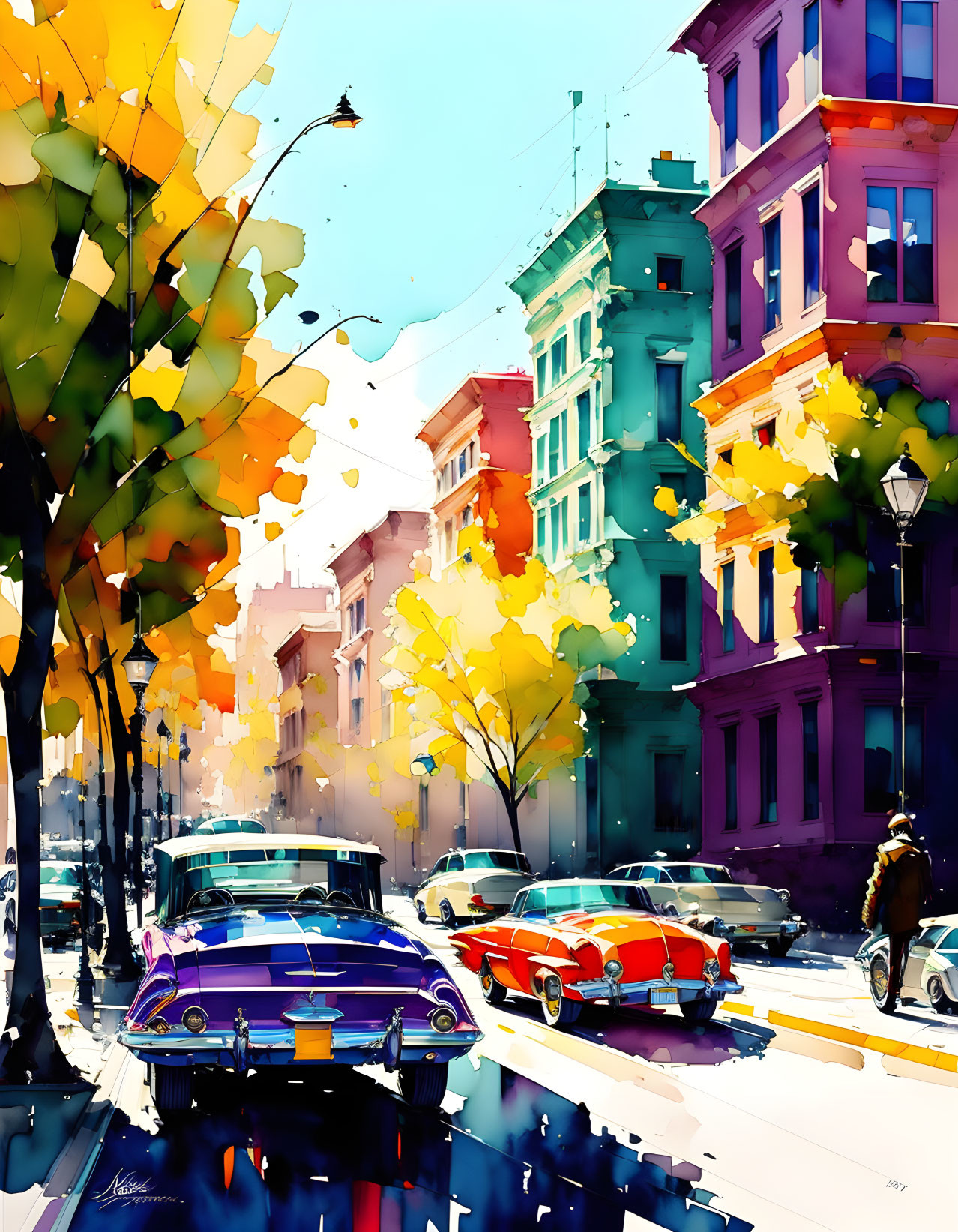 Colorful watercolor painting of sunny street scene with vintage cars, autumn trees, and pedestrian