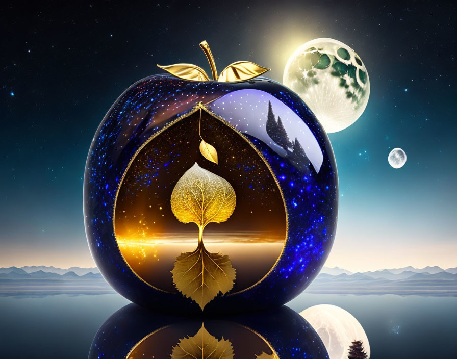 Surreal apple image with starry night sky and landscapes inside.