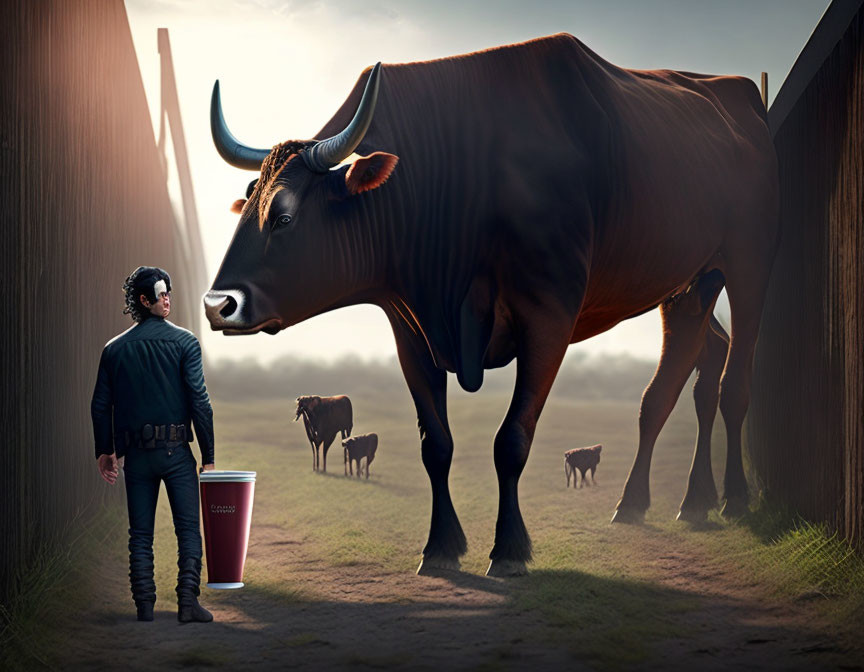 Man in black standing next to giant cow with small red cup and large structures.